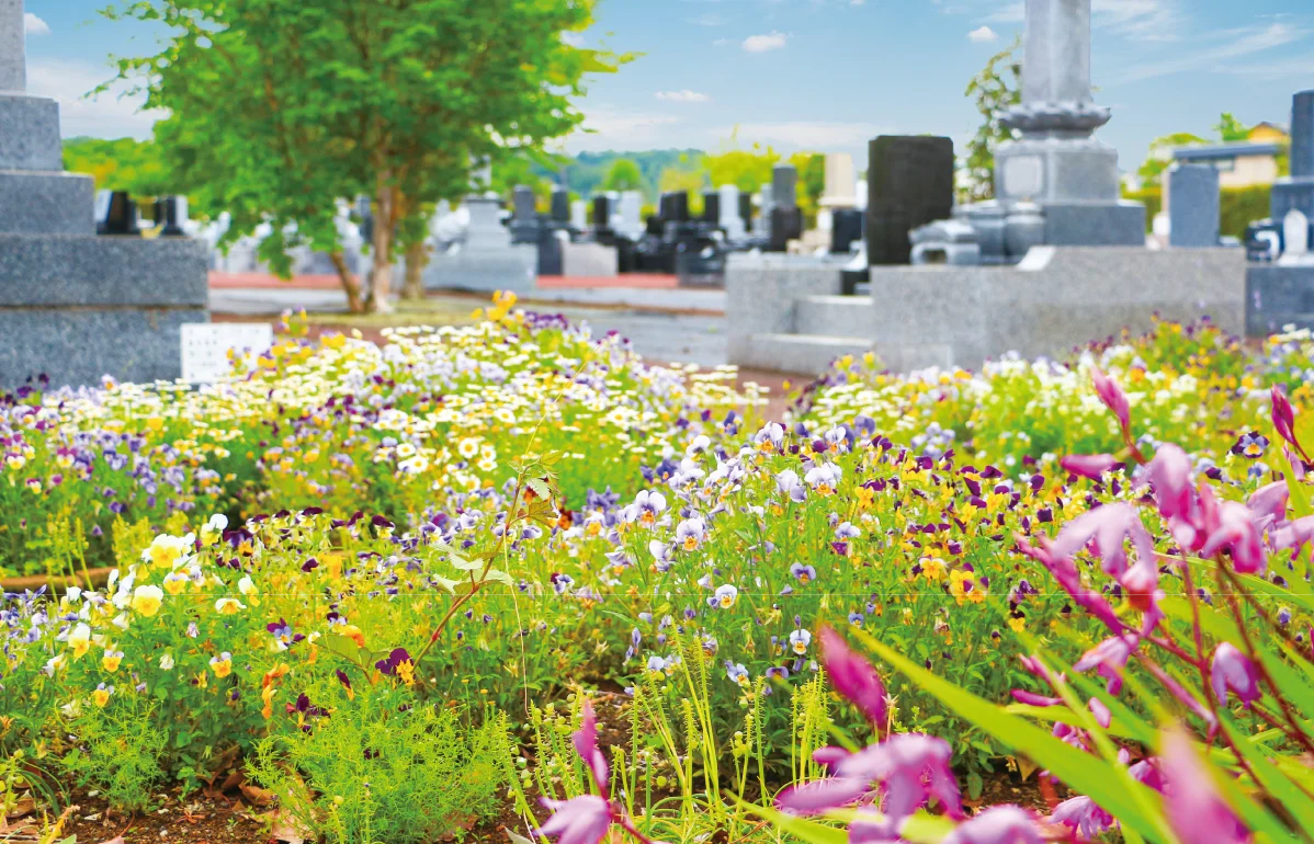 季節の花に囲まれた願誓寺の墓地